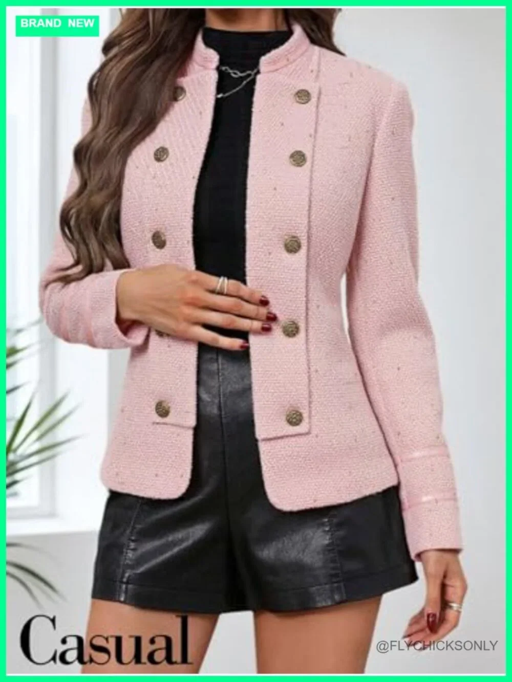 Women's Tweed Blazer Jacket - Open Front Slim Double-Breasted Stand Collar Work